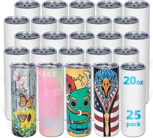 Paquete de 25 vasos de sublimación de 20 onzas en blanco delgados y rectos a granel, vaso de sublimación aislado de acero inoxidable con Paquete de