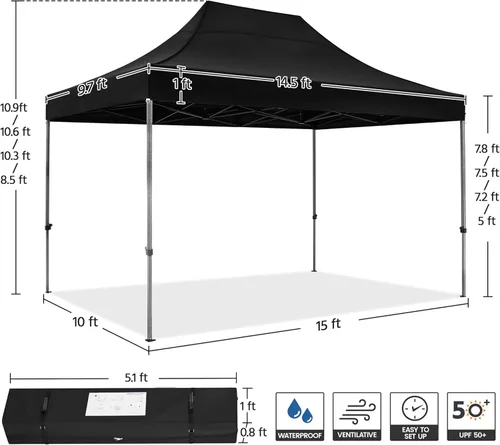 Miniatura 3 de Yaheetech - Tienda de campaña desplegable resistente, refugio comercial instantáneo de 10 x 15, toldo ajustable al aire libre con bolsa con ruedas