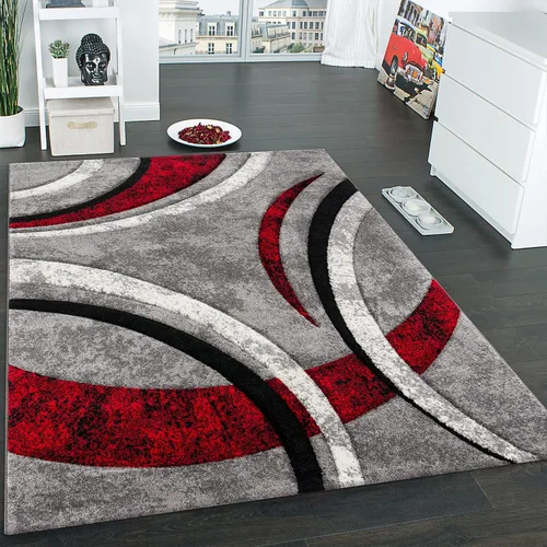 Paco Home Alfombra de diseño con corte de contorno a rayas modelo en mezcla de gris, negro y rojo, tamaño: 3 pies 11 pulgadas x 5 pies 7 pulgadas
