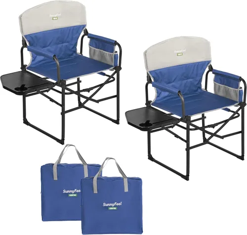 SUNNYFEEL Silla de Camping para Directores, Silla Plegable Portátil de Gran Tamaño y Resistente con Mesa Lateral, Bolsillo para Playa, Pesca, Viaje,