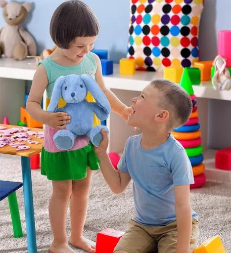 Miniatura 6 de DolliBu Peluche de conejo azul bebé, animal de peluche súper suave, adorable juguete realista de conejo para niños y niñas, bonito conejo de peluche
