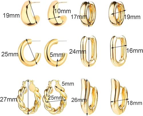 Miniatura 5 de Juego de 6 pares de aretes de aro de oro para mujer, chapados en oro de 14 quilates, hipoalergénicos, ligeros, gruesos, abiertos, joyería para regalo