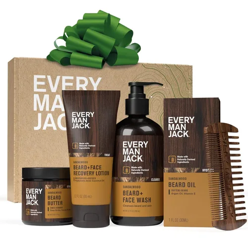 Every Man Jack Beard Essentials Set de regalo para hombres, rutina completa con 5 elementos esenciales de tamaño completo, aroma de sándalo, lavado