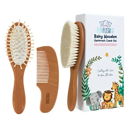 Juego de cepillo y peine de madera para bebé recién nacido y niño pequeño - Cepillo de pelo natural con cerdas de cabra suaves para niña y niño,