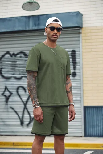 Miniatura 8 de COOFANDY Conjunto de camisa y pantalones cortos de gofre para hombre, conjunto de 2 piezas, conjunto casual de verano con bolsillos