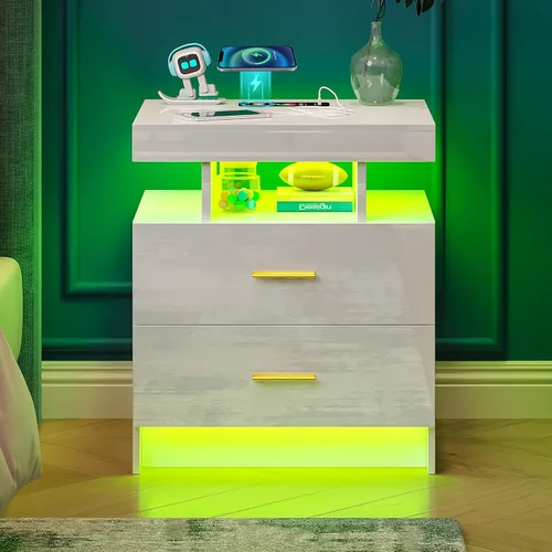 Miniatura 2 de WOOVIVS Juego de 2 mesitas de noche con estación de carga USB/tipo C/inalámbrica, mesitas de noche blancas con luces LED RGB automáticas, juego de 2
