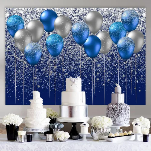 Miniatura 5 de Fondo de globo azul y plateado de 7 x 5 pies, fondo plateado con purpurina, boda, graduación, fiesta de cumpleaños, pancarta, decoración de mesa