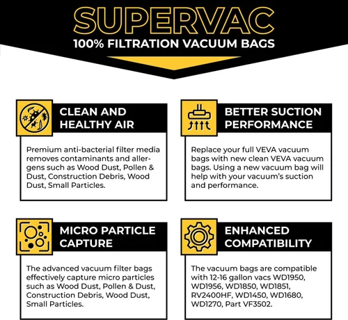 Miniatura 5 de VEVA Paquete de 10 bolsas de vacío SuperVac de alta calidad VF3502 compatibles con aspiradoras Ridgid de 12 a 16 galones para húmedo/seco