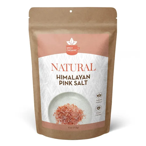 SPICY ORGANIC Sal natural del Himalaya sin OMG, sal rosa del Himalaya sin gluten, rica en 80 minerales y elementos, 4 onzas.