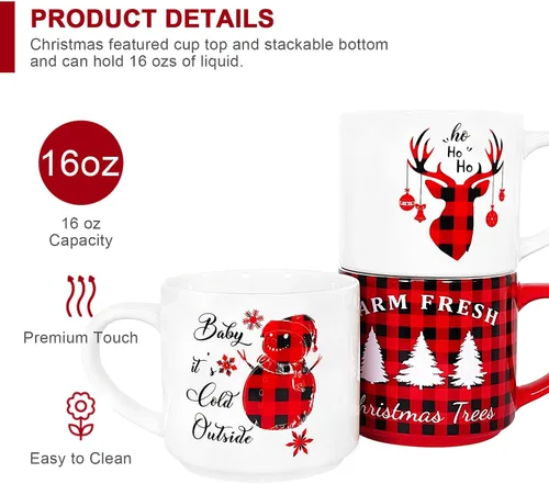 Miniatura 4 de QIKSION Juego de 6 Tazas de Café Navideñas de 16 oz, Grandes Tazas de Chocolate Caliente, Juego de Tazas de Cerámica de Cocoa para Vacaciones Regalo