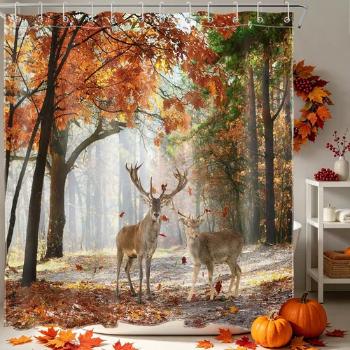 Miniatura 34 de HVEST Cortina de ducha con ganchos, calabaza espeluznante y fantasma con sombrero de bruja negro, juego de cortina de ducha naranja con flores