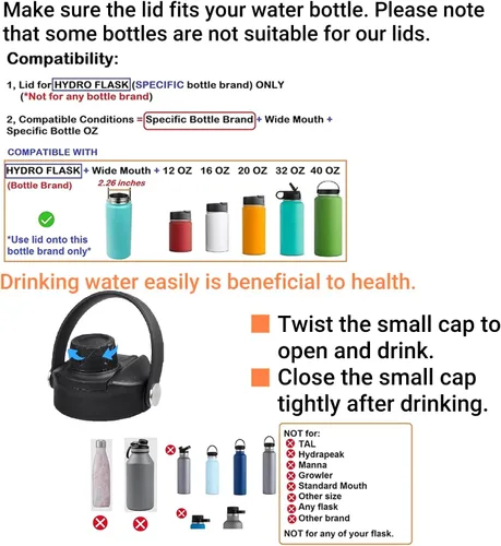 Miniatura 3 de Tapa de boquilla para botella de agua de boca ancha Hydro Flask. Se adapta a 12, 16, 18, 20, 32, 40 onzas, tapa de pico con mango flexible, repuesto