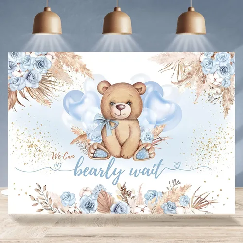 Telón de fondo de baby shower con diseño de oso para baby shower, estilo bohemio, flor azul con texto en inglés "We can Bearly Wait", globos de