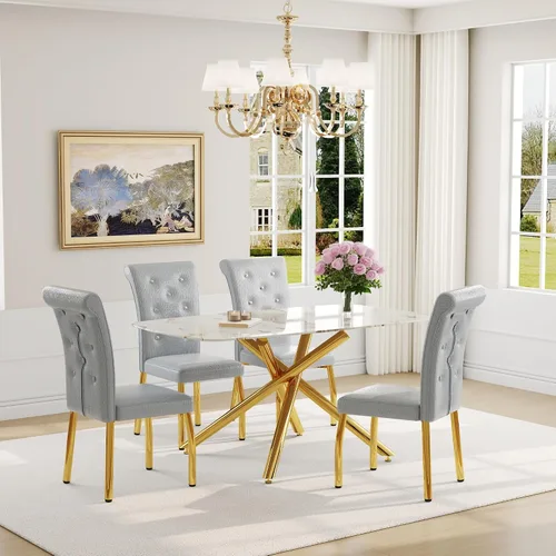Miniatura 20 de Juego de mesa de comedor moderna para mesa de comedor negra de 4,63 pulgadas, juego de 4 con patas de metal dorado, mesa de cocina rectangular