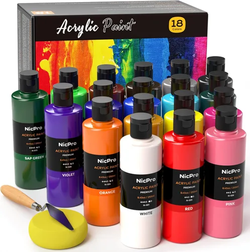 Nicpro Juego de pintura acrílica grande de 18 colores, 8.45 onzas, suministros de pintura para artistas, a granel, no tóxico para múltiples