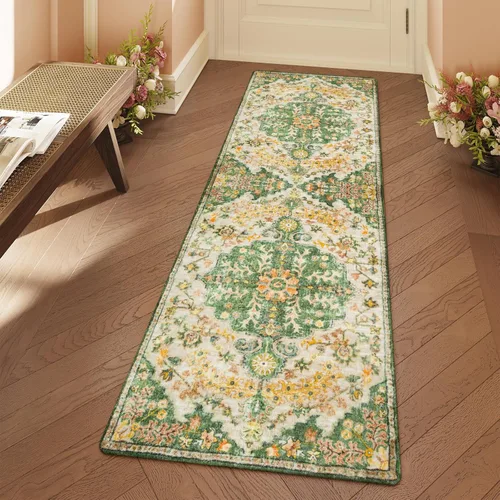 Miniatura 10 de Lahome Alfombra bohemia con medallón floral, 4 x 6 pies, color verde azulado, suave, lavable, antideslizante, apta para mascotas, alfombra