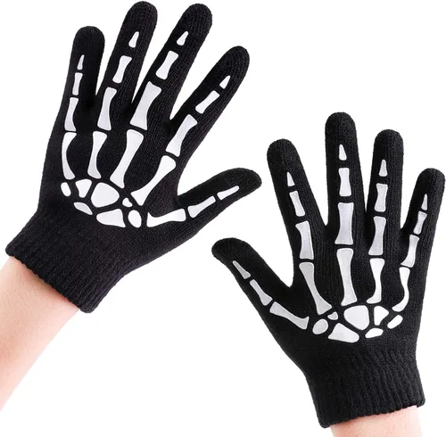 Cooraby 3 pares de guantes de esqueleto para pantalla táctil, para Halloween, que brillan en la oscuridad, guantes de hueso de calavera de dedo