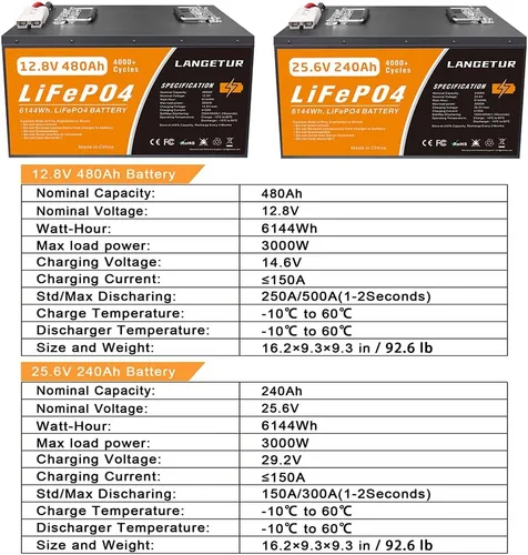 Miniatura 7 de Batería LiFePO4 12V 480AH 6144Wh, Batería de litio Langetur 12V, Ciclos profundos 4000+, BMS de 250A incorporado, perfecta para almacenamiento