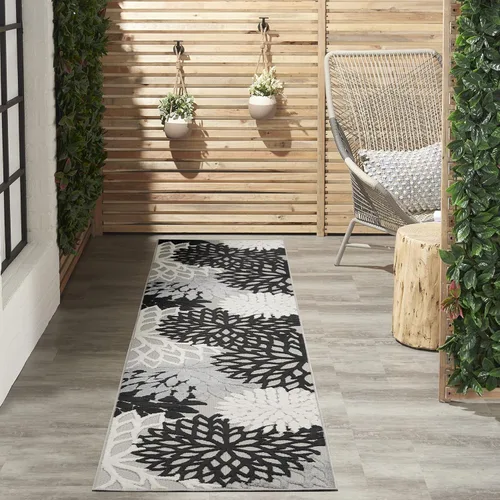 Miniatura 105 de Nourison Aloha - Tapete negro/blanco para interior o exterior, 2 pies y 3 pulgadas x 8 pies, tropical, botánico, fácil limpieza, no desprende pelo