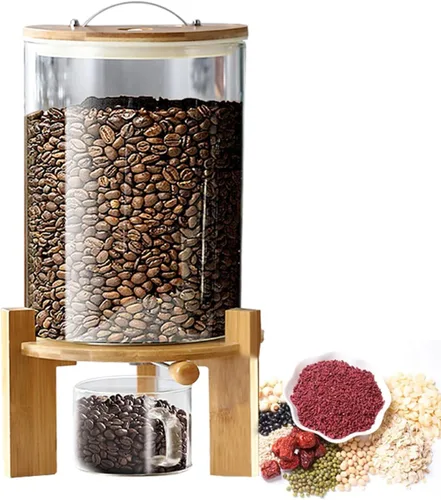 Dispensador de arroz de vidrio con soporte de madera, tarros dispensadores de cereales para el hogar, harina de cocina, grano de azúcar, juego de