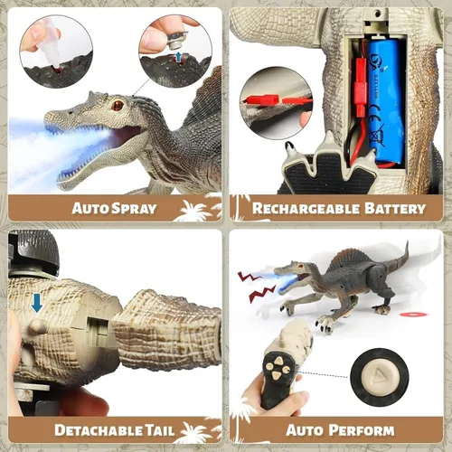 Miniatura 5 de Juguetes de dinosaurio mejorados para niños de 3, 5 y 7 años, juguetes de Spinosaurus con control remoto con luz indicadora, persiguiendo, rociando