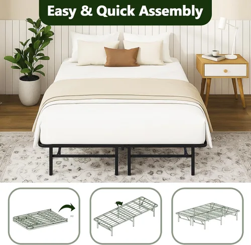 Miniatura 4 de Base de cama plegable de tamaño matrimonial, plataforma de metal con almacenamiento debajo de la cama de 14 pulgadas, resistente, sin ruido, fácil