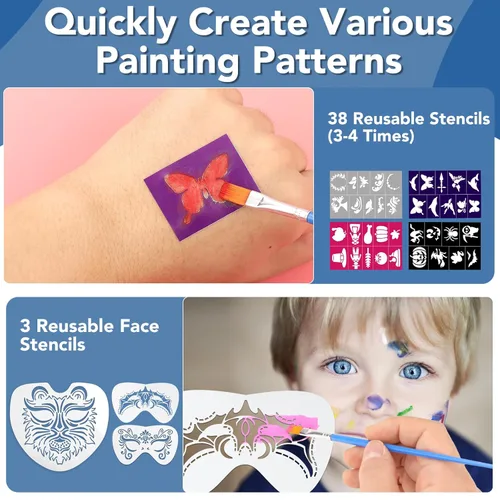 Miniatura 4 de Kit de pintura facial para fiesta de niños, kit de pintura facial de 22 colores, incluye bandeja de pintura, esponjas, pinceles y plantillas, kit