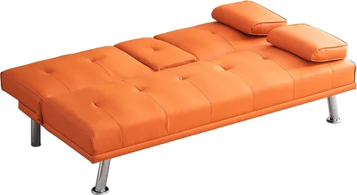 Miniatura 7 de KEIKI Sofá futón plegable de cuero de 67 pulgadas con portavasos y respaldo ajustable, moderno de mediados de siglo, sofá biplaza convertible