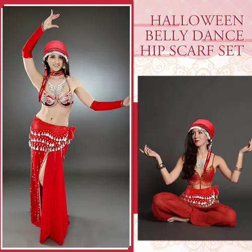 Miniatura 4 de Kigeli Disfraz gitano de 4 piezas para mujer, accesorios de adivinos, para Halloween, danza del vientre, bufanda de cadera, bufanda de cabeza gitana