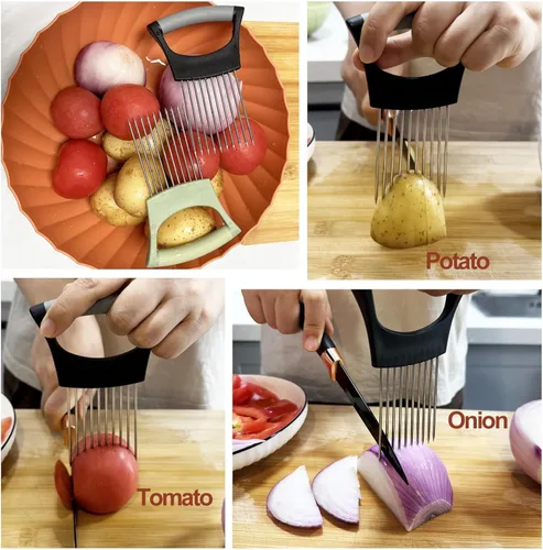 Miniatura 5 de Soporte de cebolla para rebanar cebolla, herramienta auxiliar de picador de cocina, cortador de verduras con cubierta protectora para tomate, limón
