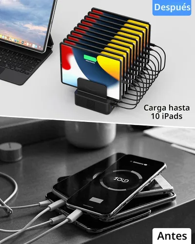 Miniatura 6 de Estación de carga de 100 W para múltiples dispositivos, estación de carga rápida USB de 10 puertos con divisores ajustables y 10 cables, base
