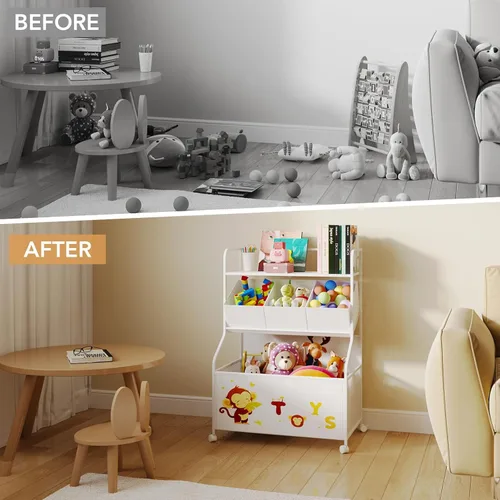 Miniatura 8 de BBLIKE Organizador de Almacenamiento de Juguetes con Ruedas - Caja de Juguetes Grande de 3 Niveles para Niños, Caja de Juguetes con Almacenamiento