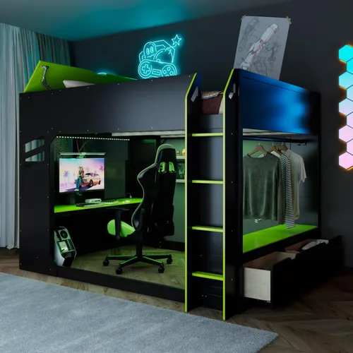 Miniatura 10 de Cama tipo loft de tamaño matrimonial con escritorio ajustable en altura y litera superior y caja de almacenamiento LED, marco de madera con barra