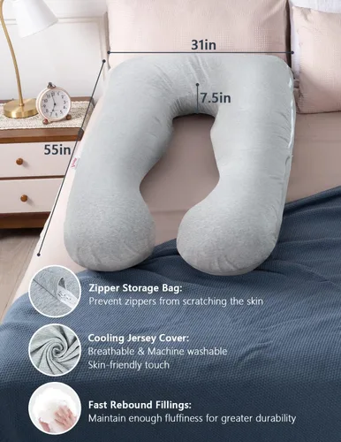 Miniatura 6 de AngQi - Almohada de embarazo con funda de jersey, almohada de cuerpo completo en forma de U para mujeres embarazadas, color gris