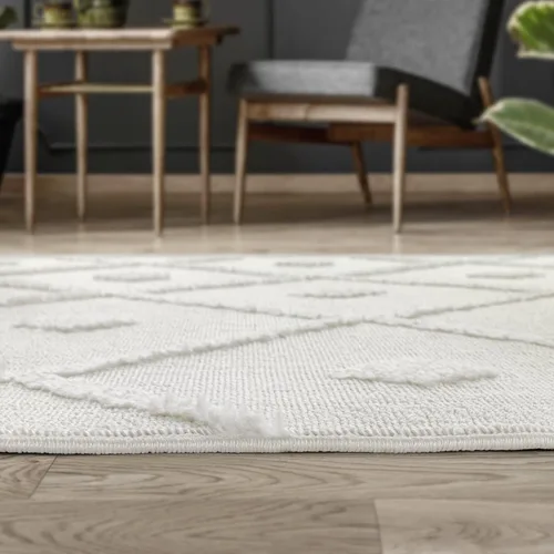 Miniatura 6 de Antep Rugs Palafito 5x7 Alfombra de Área Interior Geométrica Shag Diamante de Pelo Alto-Bajo Texturizada (Blanco, 5'3" x 7'6")