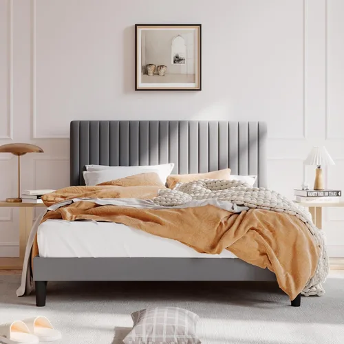 Miniatura 11 de SHA CERLIN - Base de cama tamaño Queen tapizada con plataforma y cabecera acolchada de terciopelo con canales verticales ajustables, soporte