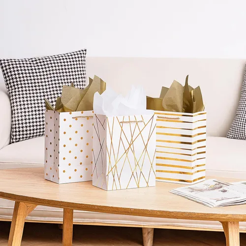 Miniatura 4 de Nihuecne Bolsas de regalo de 9" de tamaño mediano con papel de seda, paquete de 4 bolsas de regalo de papel de envoltura blanco dorado con asas