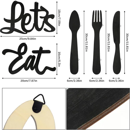 Miniatura 3 de Jetec 5 carteles de decoración de pared de cocina, tenedor, cuchara, cuchillo, decoración de cocina, letrero rústico de madera para decoración