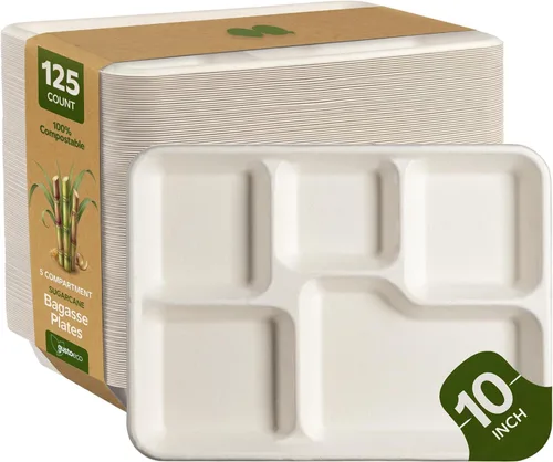 Miniatura 8 de GUSTO Platos de papel de caña de azúcar 100% compostables, resistentes, ecológicos, biodegradables, blancos, 10 pulgadas, 3 compartimentos, 125