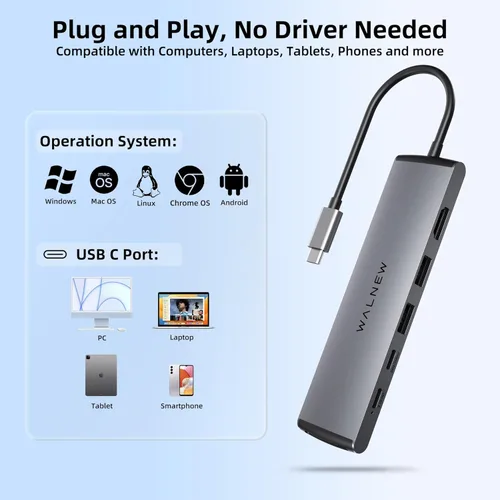Miniatura 7 de Hub USB C, WALNEW 7 en 1, estación de acoplamiento USB-C con HDMI 4K, 100 W PD, 3 puertos de datos de 5 Gbps (1 USBC y 2 USB 3.0), lector de Gris