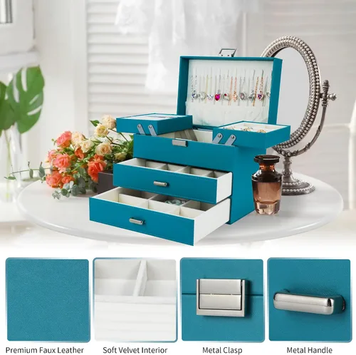 Miniatura 6 de Dajasan Organizador de joyero, caja organizadora de joyas, caja de almacenamiento de joyería de cuero de 4 capas, idea de regalo para mujeres
