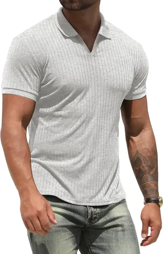 NITAGUT Camisas polo para hombre, cuello en V, ajustadas, manga corta, rendimiento de golf, camisetas suaves de punto