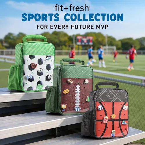 Miniatura 10 de Fit & Fresh Lonchera personalizable con dije para niños y niñas, lonchera infantil de fútbol con 6 dijes deportivos, bolsa de almuerzo reutilizable
