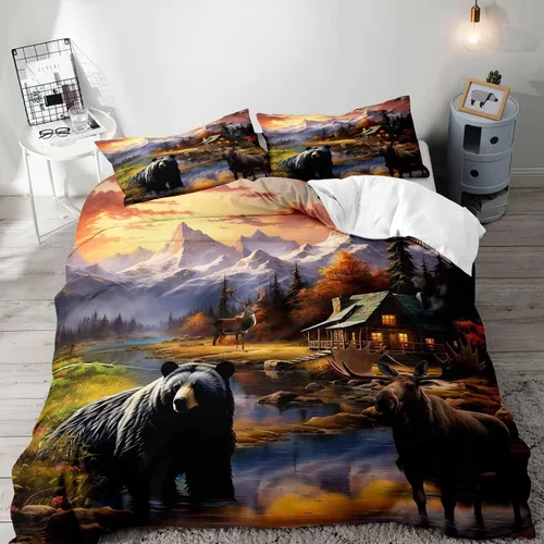 Miniatura 12 de LUVIVIHOME Juego de funda de edredón de 2 piezas, diseño de oso y alce, ciervo, ciervo, ropa de cama de cabaña, ropa de cama rústica de granja