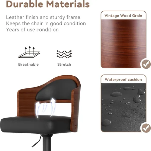 Miniatura 4 de Juego de 2 taburetes de bar giratorios, taburetes de bar de madera tapizados en cuero PU con respaldo y reposapiés, asiento de altura ajustable