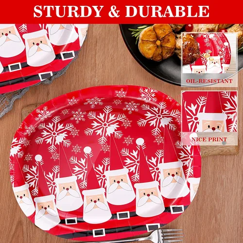 Miniatura 3 de 50 platos de papel ovalados de Navidad, platos desechables grandes de 10 x 12.5 pulgadas para decoración de mesa de vajilla de Navidad Rojo