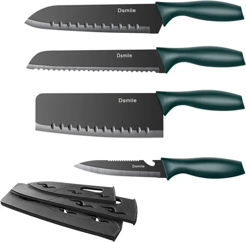 Dsmile - Juego de 4 cuchillos de cocina, cuchillos de acero inoxidable negros con fundas para cuchillos, hojas de acero inoxidable con revestimiento