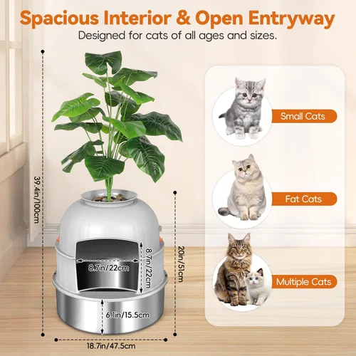Miniatura 2 de Caja de arena oculta para gatos con planta artificial, muebles de acero inoxidable, maceta redonda decorativa incluye cuchara, guijarros, filtro