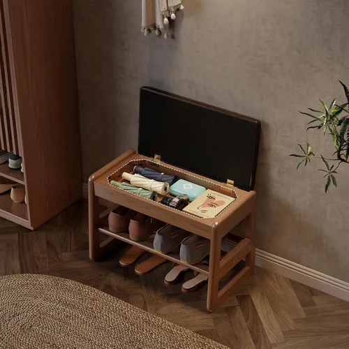 Miniatura 2 de AQIMUELE Banco pequeño para zapatos, banco de zapatos de 2 niveles con almacenamiento con tapa abatible, zapatero de madera para entrada, pasillo