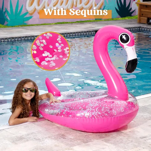 Miniatura 4 de JOYIN Flotadores inflables de flamenco para piscina, tubo de natación con purpurina para adultos y niños, divertida balsa flotante para playa, lago